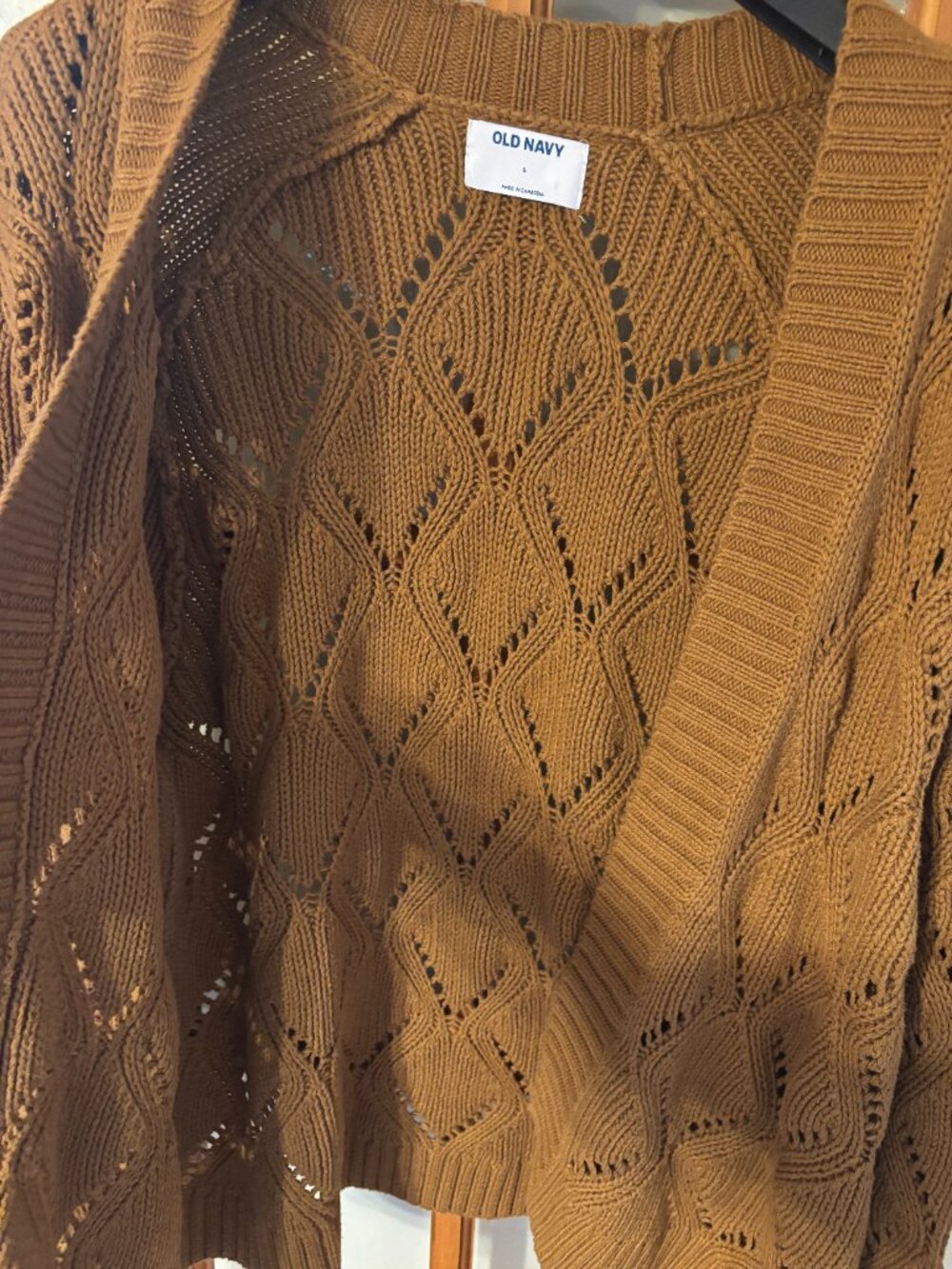 Old Navy Gold brown pointelle open-front relaxed-fit cardigan sweater SZ: L - Picture 3 of 10